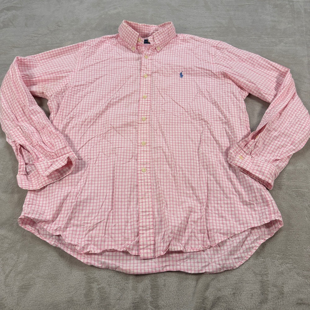 Ralph Lauren Mens XL Pink White Gingham Check Cotton Button Down Shirt Pony Logo